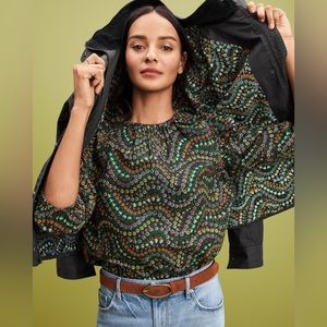 LOFT Garden Dobby Tie Back Ruffle Blouse 3/4 Puffed Sleeves